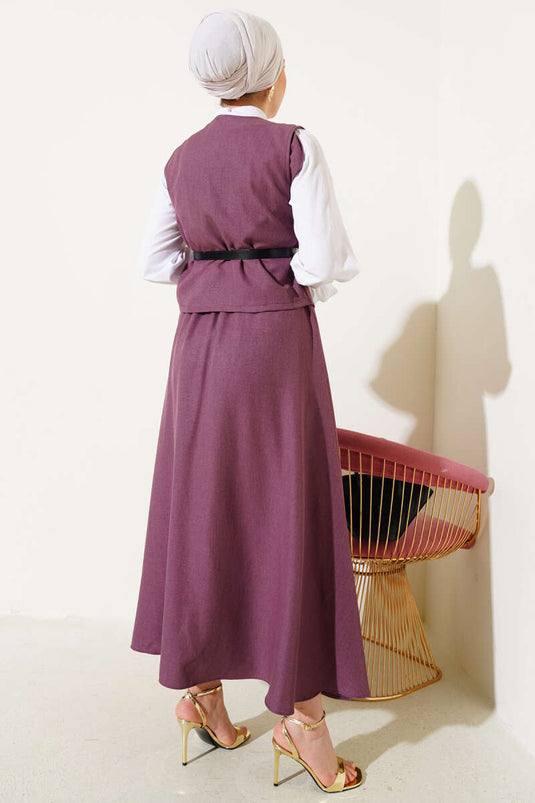 Kemerli Çapraz Düğmeli Yelekli Etekli Takım Mor