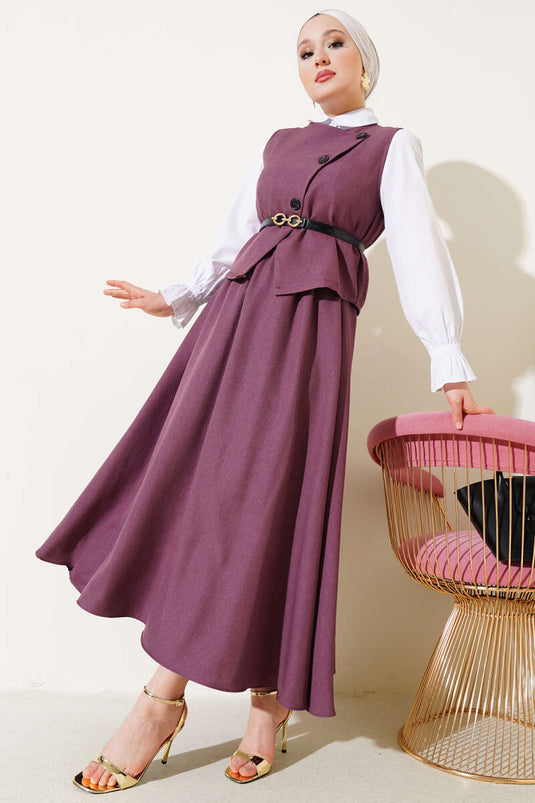 Kemerli Çapraz Düğmeli Yelekli Etekli Takım Mor