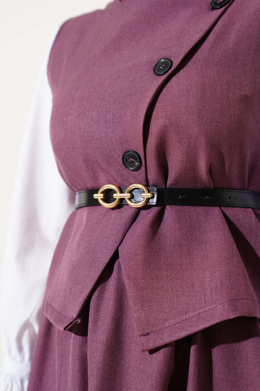 Kemerli Çapraz Düğmeli Yelekli Etekli Takım Mor