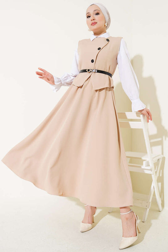 Kemerli Çapraz Düğmeli Yelekli İkili Takım Bej