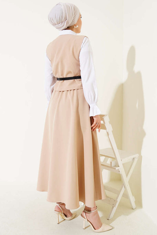 Kemerli Çapraz Düğmeli Yelekli İkili Takım Bej