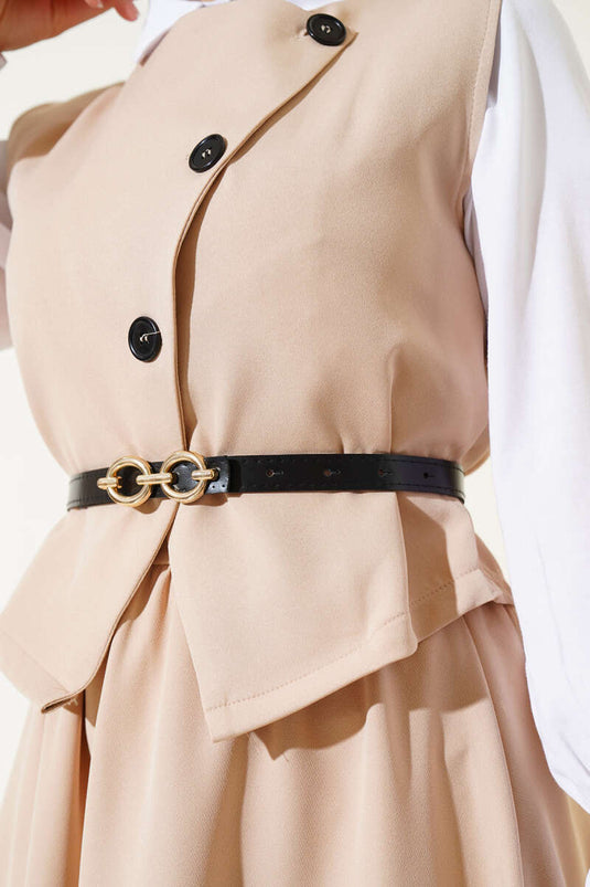 Kemerli Çapraz Düğmeli Yelekli İkili Takım Bej