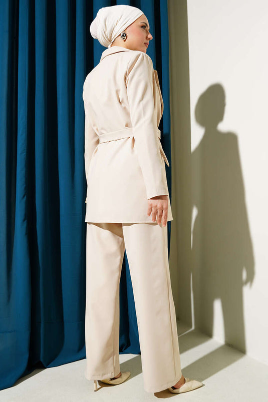 Belted Pocket Flap Jacket Two-Piece Set Beige