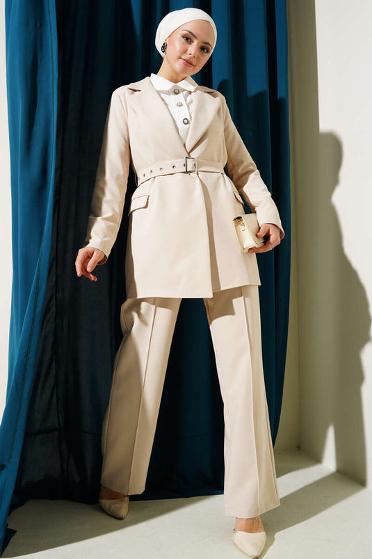 Belted Pocket Flap Jacket Two-Piece Set Beige