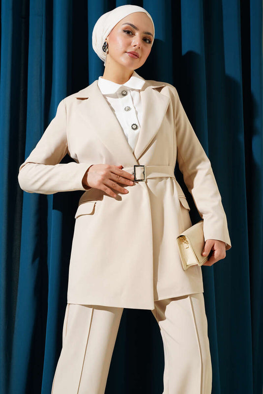 Belted Pocket Flap Jacket Two-Piece Set Beige