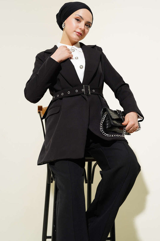 Giacca con patta e cintura, set da due pezzi, nero