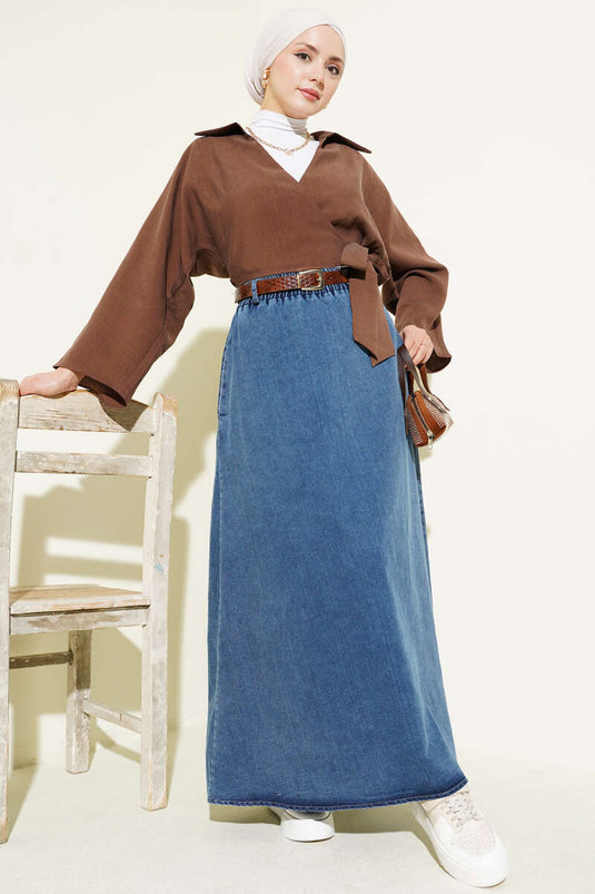 Blue Denim Skirt with Belt, Pockets, and Elastic Waist