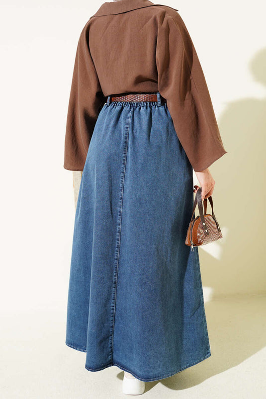 Blue Denim Skirt with Belt, Pockets, and Elastic Waist