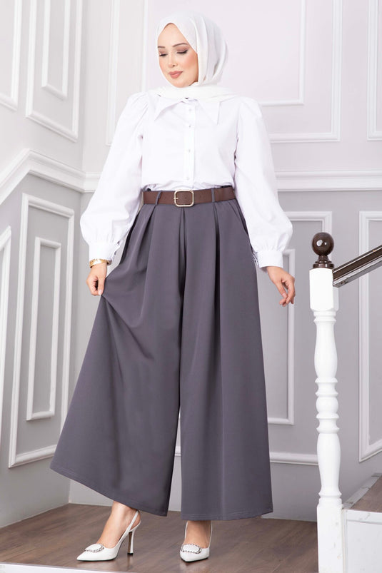 Kemerli Cepli Etek Pantolon Gri