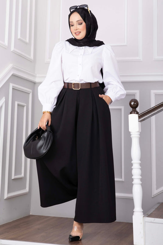 Kemerli Cepli Etek Pantolon Siyah