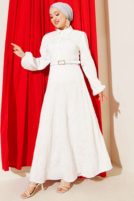 Belted Floral Embroidered Buttoned Dress Ecru
