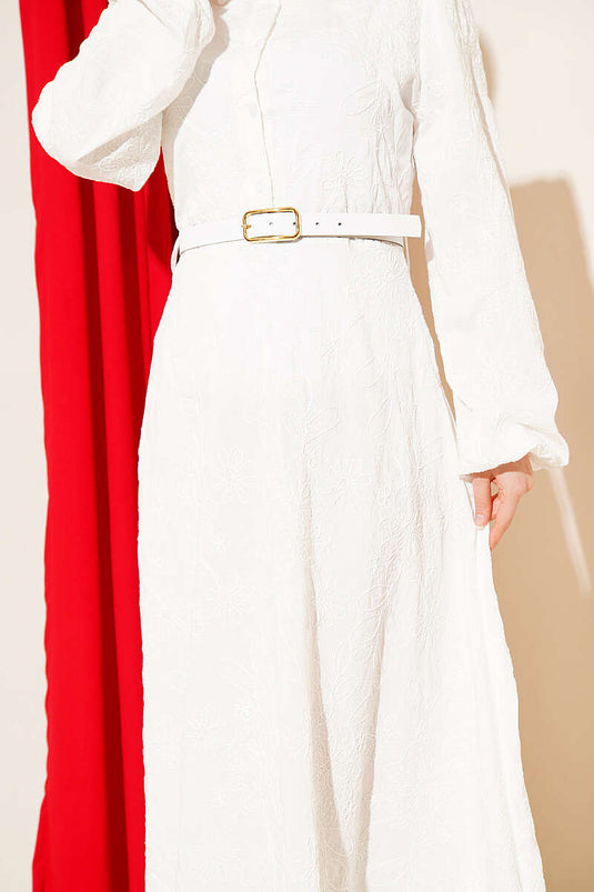 Belted Floral Embroidered Buttoned Dress Ecru