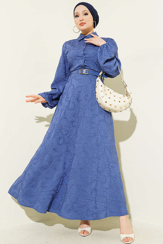 Belted Floral Embroidered Buttoned Dress Indigo