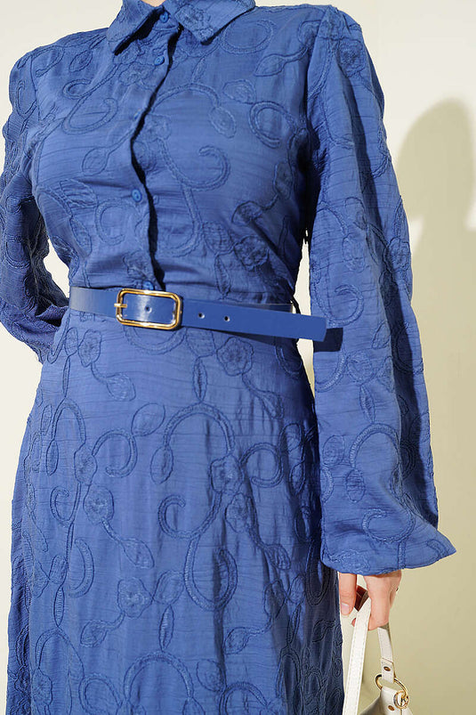 Belted Floral Embroidered Buttoned Dress Indigo
