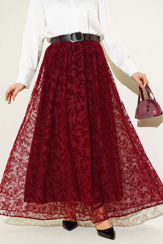 Kemerli Çiçek Tüllü Kloş Etek Bordo