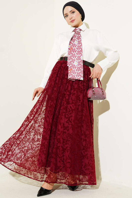 Kemerli Çiçek Tüllü Kloş Etek Bordo