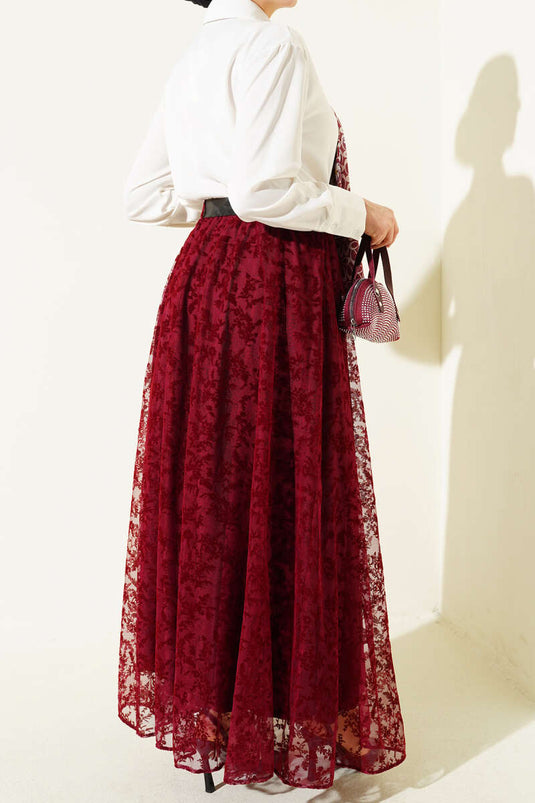 Kemerli Çiçek Tüllü Kloş Etek Bordo