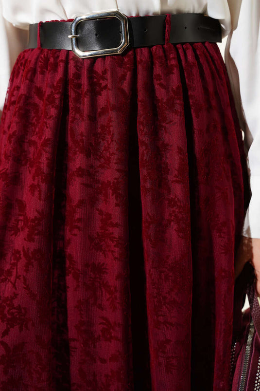 Kemerli Çiçek Tüllü Kloş Etek Bordo