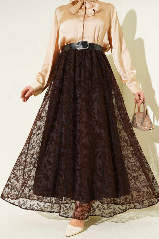 Flared Skirt with Belt and Floral Tulle Brown