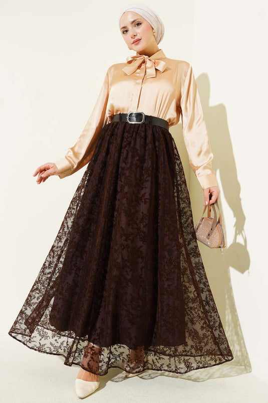 Flared Skirt with Belt and Floral Tulle Brown