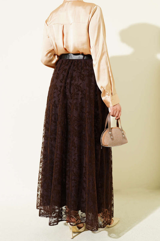Flared Skirt with Belt and Floral Tulle Brown