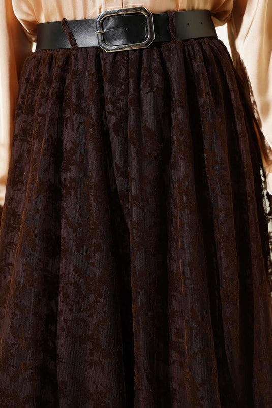 Flared Skirt with Belt and Floral Tulle Brown