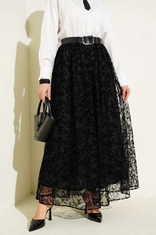 Black Flared Skirt with Belt and Floral Tulle