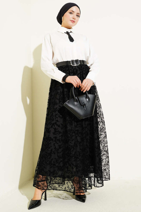 Black Flared Skirt with Belt and Floral Tulle