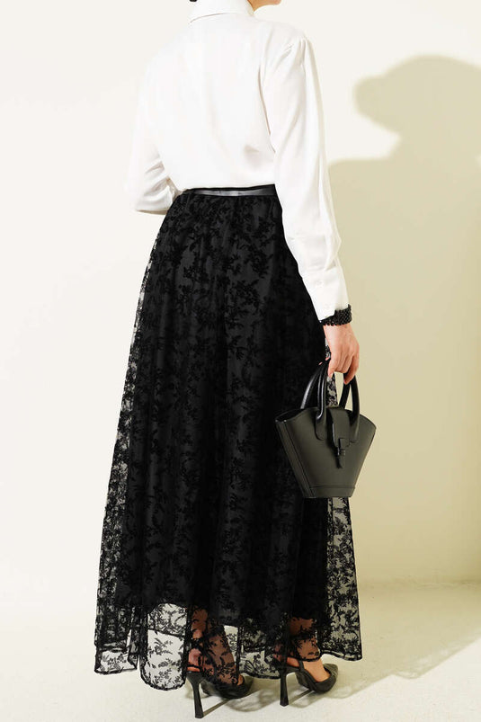 Black Flared Skirt with Belt and Floral Tulle