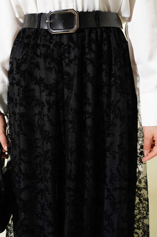 Black Flared Skirt with Belt and Floral Tulle