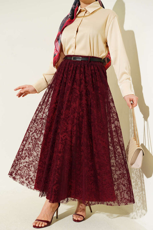 Belted Floral Flared Tulle Skirt Burgundy