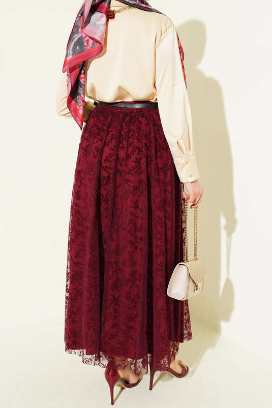 Belted Floral Flared Tulle Skirt Burgundy