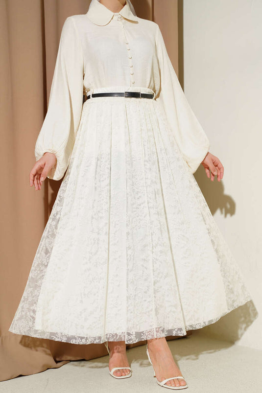 Belted Floral Flared Tulle Skirt Ecru