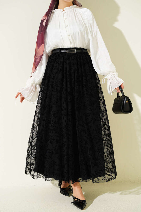 Black Flared Tulle Skirt with Belt and Floral Pattern