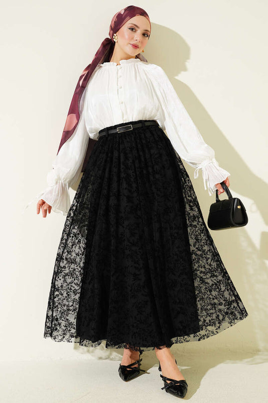 Black Flared Tulle Skirt with Belt and Floral Pattern