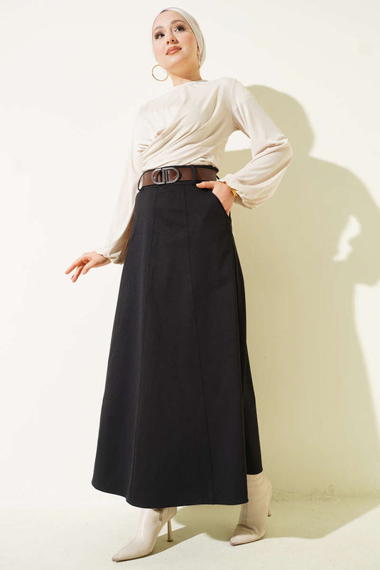 Kemerli Çift Cepli Kloş Etek Siyah