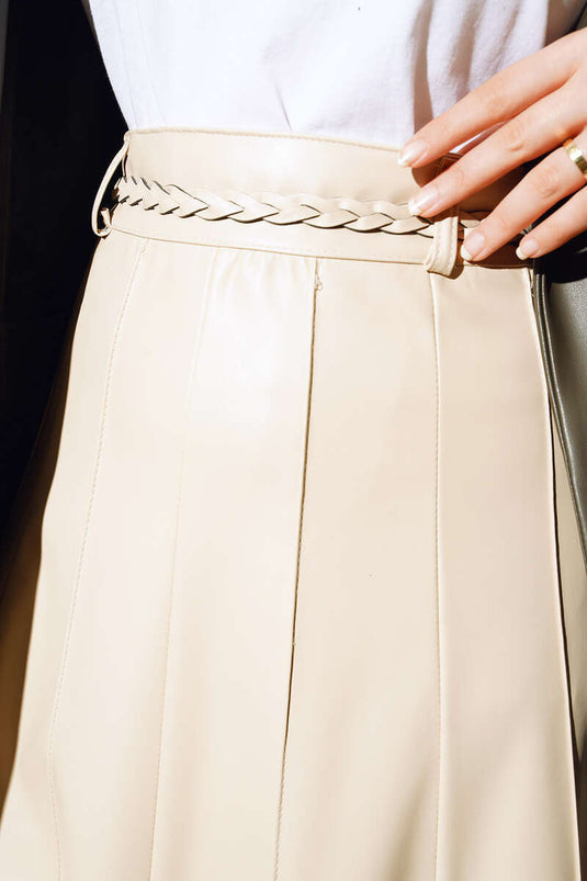 Jupe En Cuir Ceinturée Beige