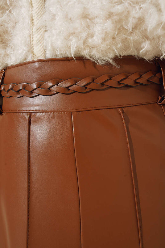 Jupe En Cuir Ceinturée Tan