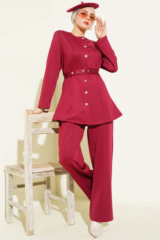 Ensemble Deux Pièces Veste à Pressions avec Ceinture Bordeaux