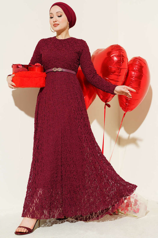 Kemerli Dantelli Kloş Elbise Bordo