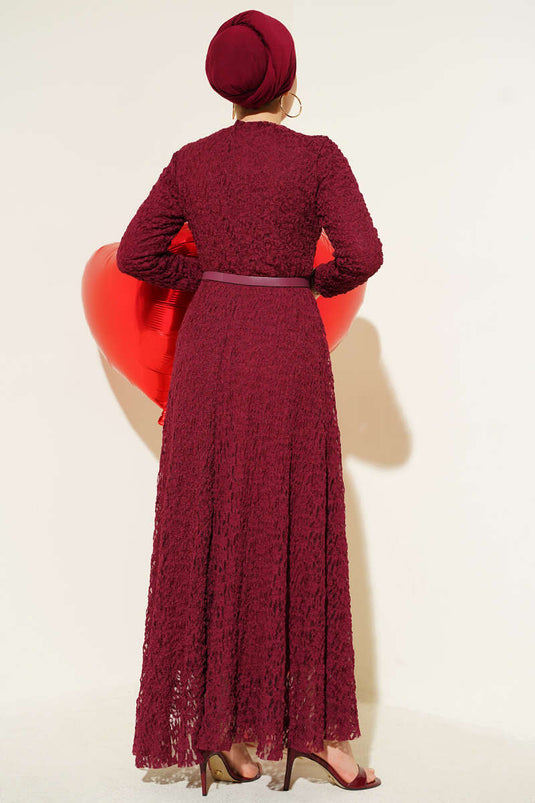 Kemerli Dantelli Kloş Elbise Bordo