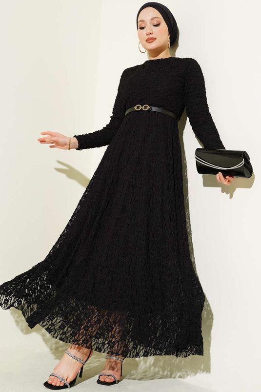 Kemerli Dantelli Kloş Elbise Siyah