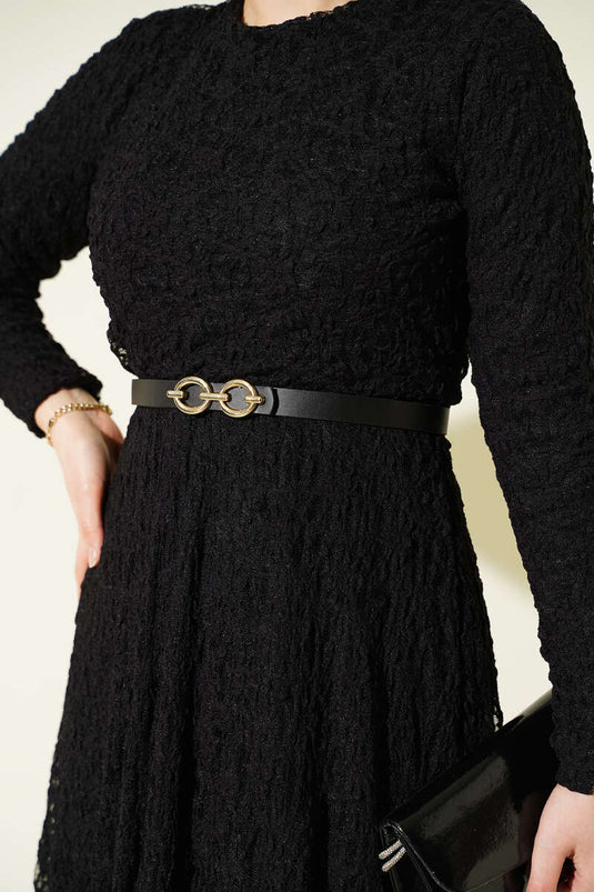 Kemerli Dantelli Kloş Elbise Siyah