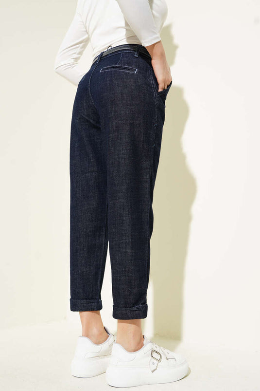 Belted Skinny Leg Jeans Navy Blue