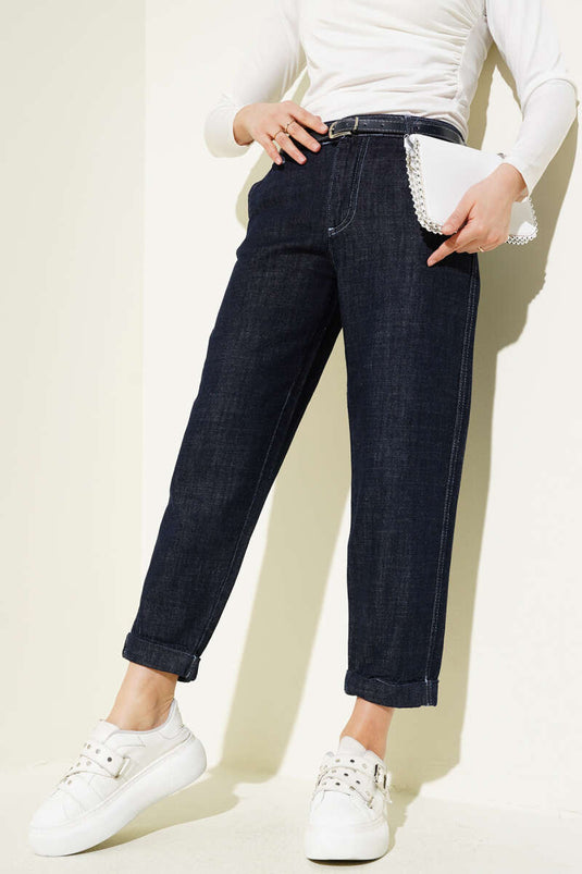 Belted Skinny Leg Jeans Navy Blue