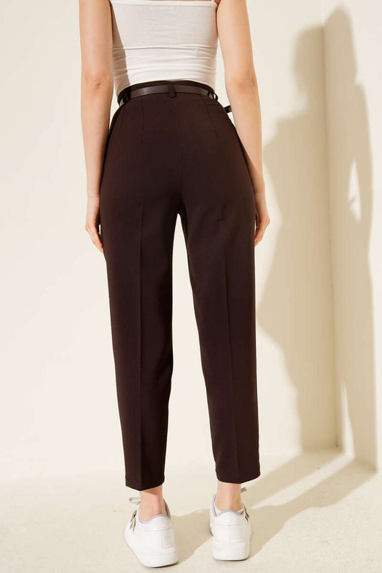 Kemerli Dar Paça Kumaş Pantolon Kahve