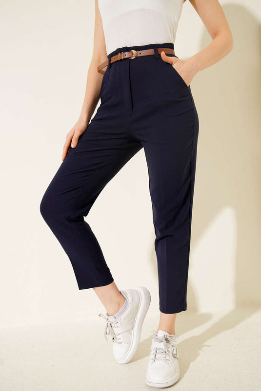 Kemerli Dar Paça Kumaş Pantolon Lacivert