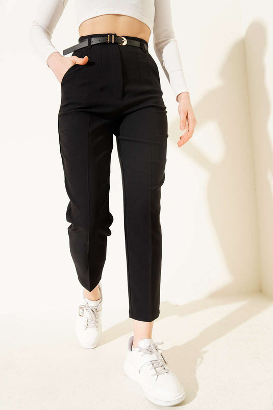 Kemerli Dar Paça Kumaş Pantolon Siyah