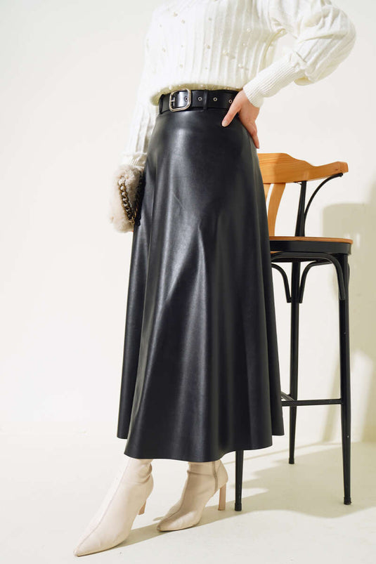 Black Belted Leather Bell Skirt