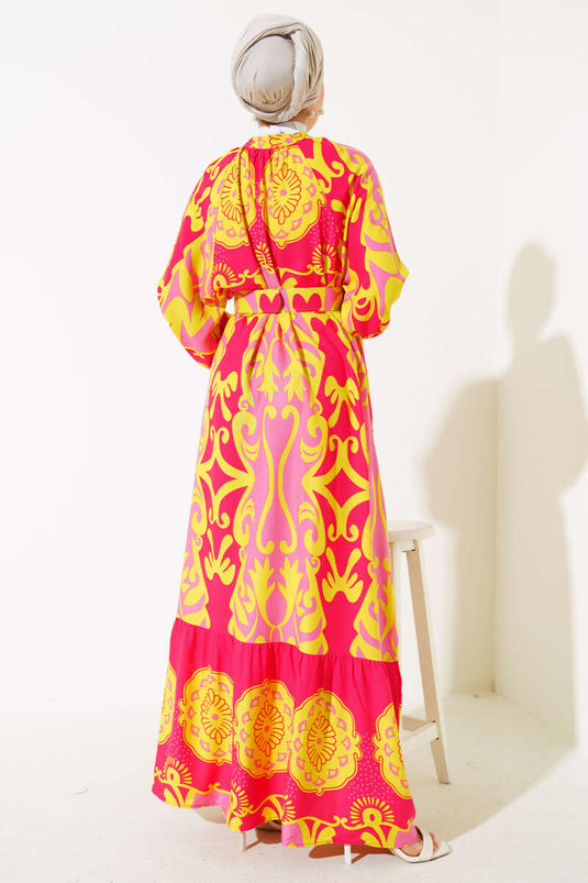 Fuchsia Long Buttoned Dress with Belted Pattern